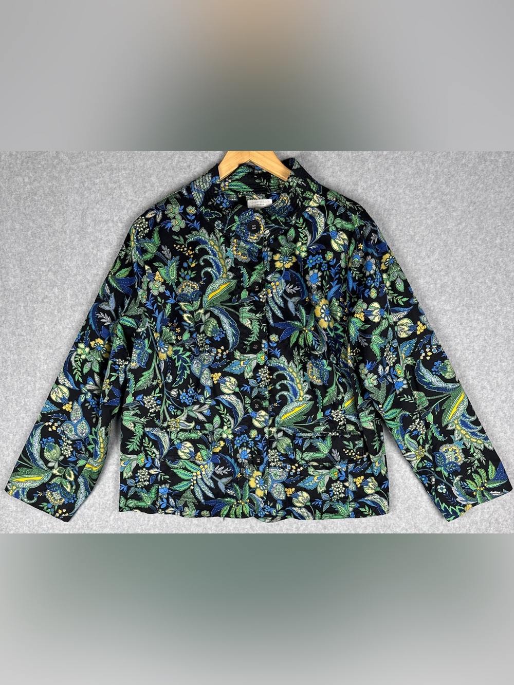 Charter Club Woman 2X Floral Paisley Cotton Jacket Blue Green Boho